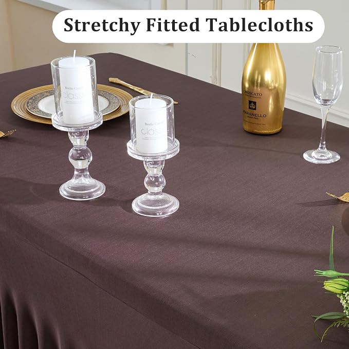 2 Pack Brown Spandex Table Clothes for 6 Foot Rectangle Tables, Wrinkle Free Fitted Table Cover 6ft Stretch Tablecloths Desk Skirt for Parties Weddings Birthday Banquet Baby Shower