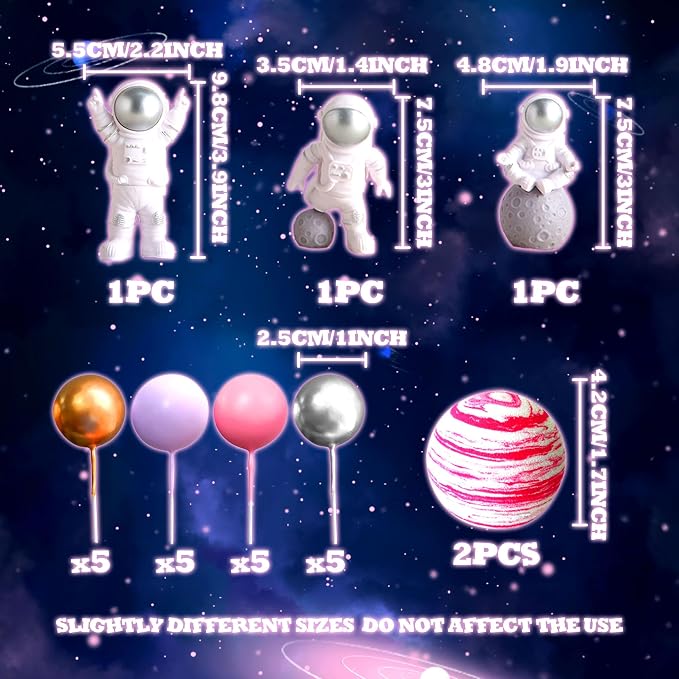 LaVenty Pink Space Cake Toppers Outer Space Astronaut Rocket Stars Cake Decorations for Birthday Party Supplies Baby Shower