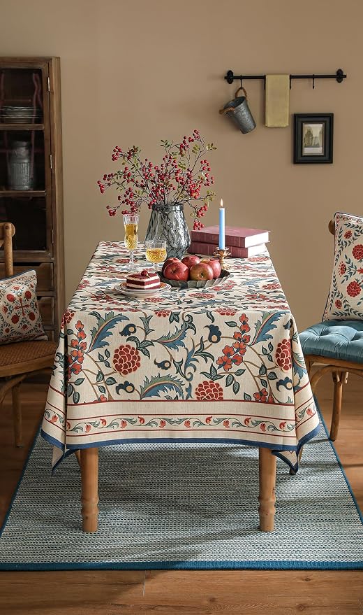 patdrea Elegant French Linen Tablecloth,Rectangular,87"x55"-Puno | Luxurious Table Cloth for Rectangle Table,Vintage Colorful Floral Design,Dining Room Kitchen Tea Party Decorations