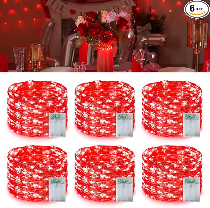 QITONG 6 Pack Red Fairy Lights Battery Operated Outdoor, Each 16 ft 50 LED Mini String Lights, Sliver Wire Christmas Twinkle Lights Indoor