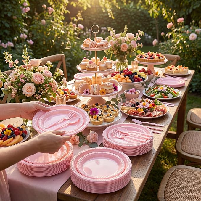 MirthMood 350pcs Pink Plates Disposable Including Pink Plastic Plates, 12OZ Cups, Plastic Cutlery and Napkins Serve 50 Guests for Spring Wedding,Birthday Party Dinner,Daily Use