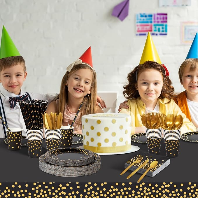 Nkaiso 193 Pcs Black Gold Paper Plates and Napkins Party Supplies Sets Include Black Party Plate Cup Napkin Plastic Cutlery for Baby Shower, Wedding, Birthday Decoration -24 Guest