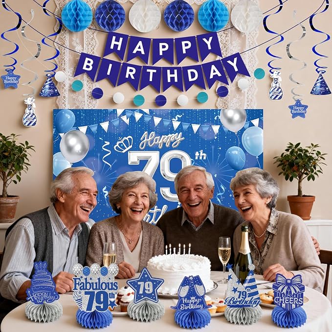 Happy Birthday Party Decoration Set: Including Birthday Banner Backdrop, Party Table Centerpieces and Hanging Swirl Party Streamers, Birthday Decor Suppliers for Men and Women (Blue, 79th Birthday)