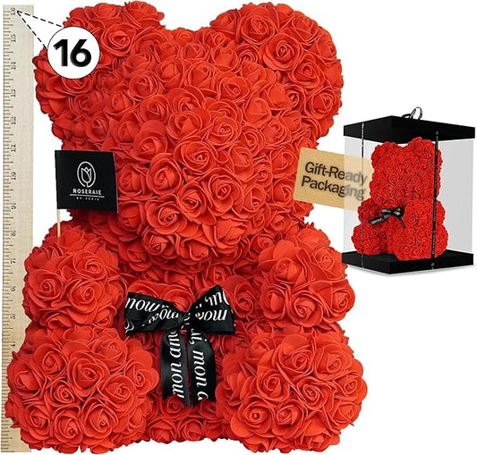 Large 16 Inch Rose Bear Flower Bear Gift Set with Luxury Gift Box, Handmade Artificial Rose Teddy Bear, Valentine Gift for Her, Anniversary, Birthday