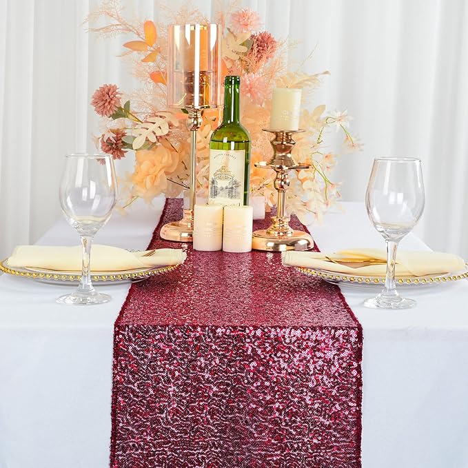 ShinyBeauty Sequin Table Runner Burgundy 12x108-Inch Runner Wine Table Covers for Party Bridal Shower Decorations -1025S