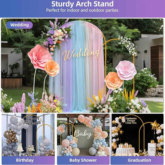 Hemmotop Gold Metal Arch Backdrop Stand Set of 2, 7.2ft and 6ft | Pieces are Labeled for Easy Assembly, Ground Stakes for Stable Base, Versatile for Wedding, Bridal Shower, Party Decoration