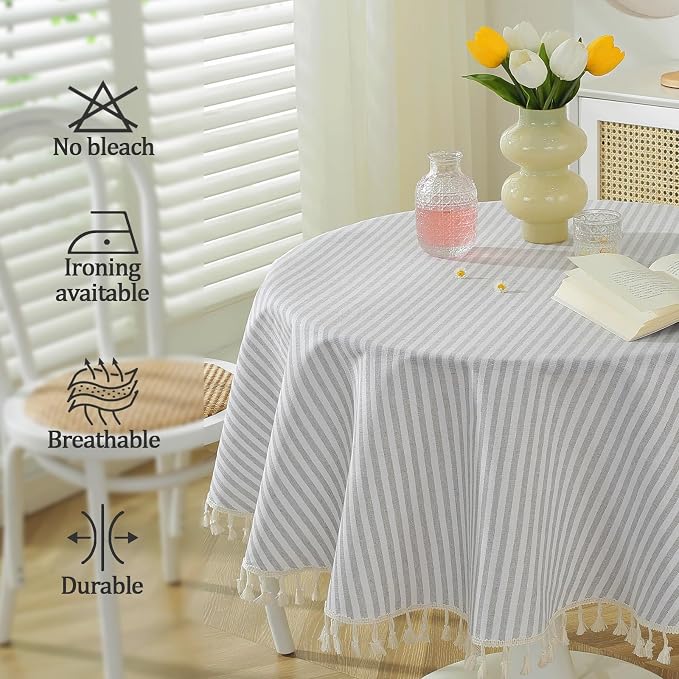 meioro Striped Tablecloth Round Tablecloths Cotton Blend Table Cloth Washable Tabletop Decorative Fabric Table Cover for Kitchen Dinning (Grey, Round 60 Inch)