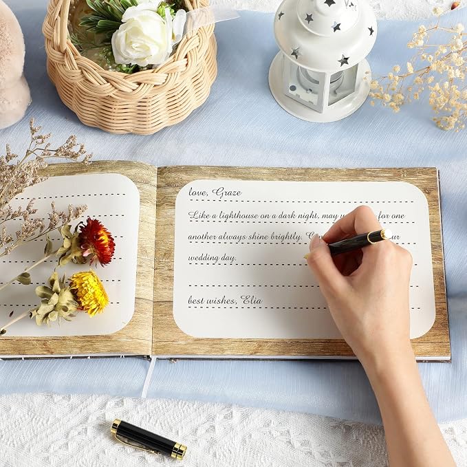 Wood Grain Wedding Guest Book with Pen for Wedding Decor Birthday Rustic Leaves Visitors Book for Anniversary Funeral White Leaves Bridal Shower Wood Grain Guestbook Signing Rustic Decor