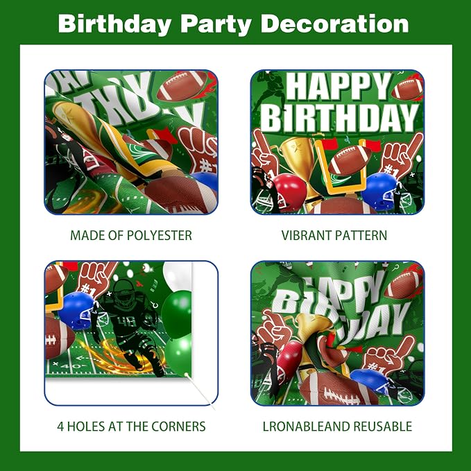 Football Birthday Decorations For Men,Happy Birthday Backdrop,Banner Balloons,Table Cloth,Paper pom poms Party Supplies for Boys