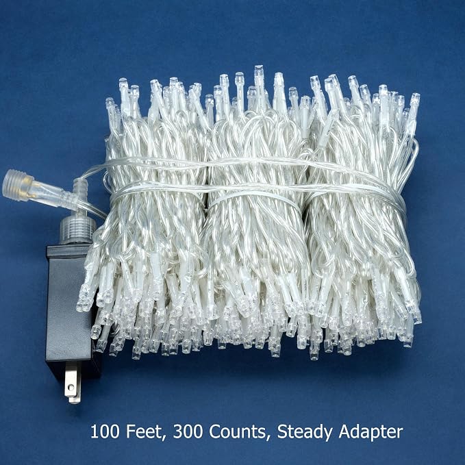 YULETIME 300 Cool White String Lights, 100 ft Clear Wire 8 Models 5mm LED | Wide Angle Bulbs, Safe 29V Adapter, Multimode Lighting, Connectable, 100' Total Length, 1-Strand 300 Lights, 4" Spacing