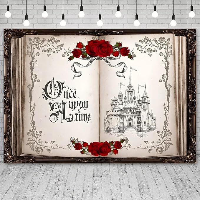 10x7ft Once Upon a Time Backdrop Princess Castle Wedding Party Photography Background Fairytale Book Romantic Story Red Roses Bridal Shower Decorations Birthday Portrait Photo Booth Prop
