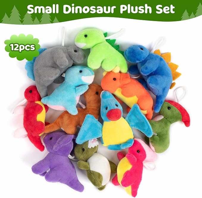 Mocoosy Small Dinosaur Plush Stuffed Animal Set, 12 Pack Mini Soft Dino Figures Bulk for Kids Dinosaur Party Favors, Plushies Kit Goodie Bag Fillers, Toddler Boys Girls Carnival Prizes