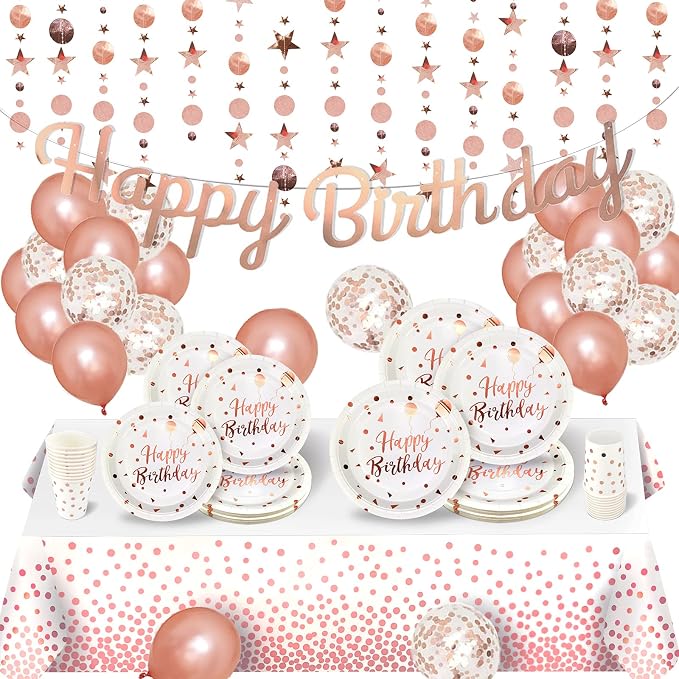 Rose Gold Birthday Party Supplies for 20 Guests - Rose Gold Happy Banner, Glitter Circle Dot Garland with Party Plates and Cups, Tablecloth, Balloons for Women Girl Birthday Party
