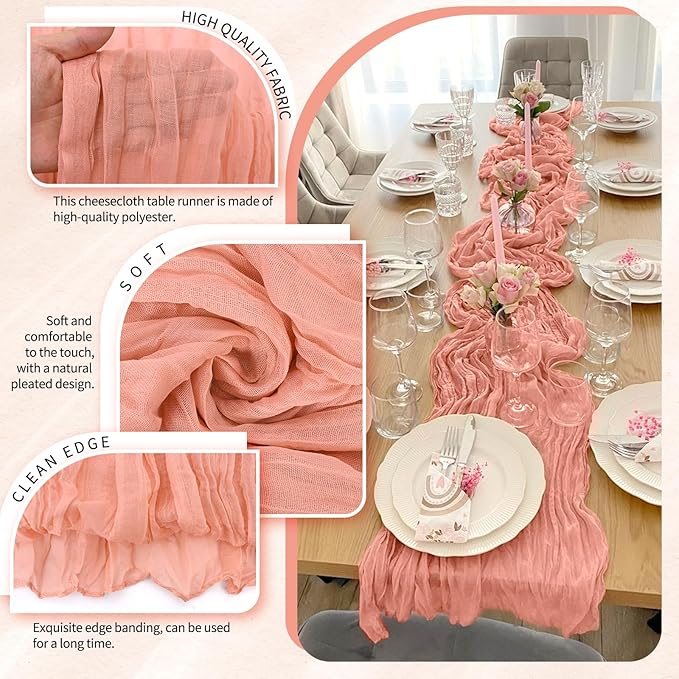 1 Pack Cheesecloth Table Runner 10FT Coral Table Runner Boho Gauze Cheese Cloth Table Runners Long Rustic Sheer Table Decorations for Wedding Party Baby Bridal Shower Birthday Holiday Home