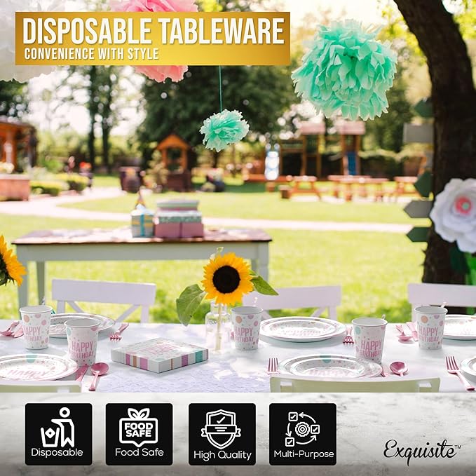 Exquisite 350 Pcs Pink Happy Birthday Plates and Napkins Set, Pink Birthday Plates Set, 50 Of Each 9" Dinner Plate, 7" Dessert Plate, 12 oz Cups, Napkins & Cutlery Plastic Dinnerware Set Set