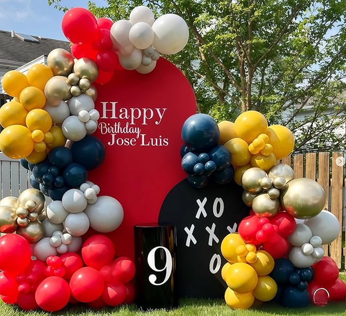 Graduation Balloon Arch Kit, 120pcs Red Retro Navy Blue Yellow White Sand Metallic Gold Baseball Balloon Arch Garland for 2025 Graduation Birthday Boys Sports Football Baby Shower Party Decorations