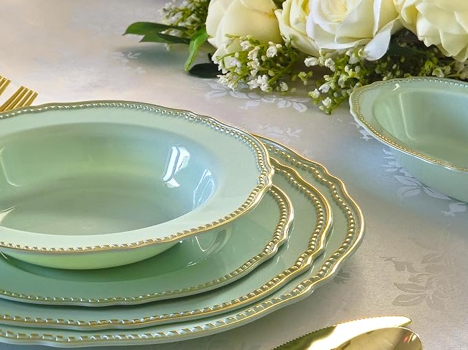 " OCCASIONS " 320pcs set (40 Guests)-Heavyweight Wedding Party Disposable Plastic Plate Set -40 x 10.25'' + 40 x 7.5'' + Silverware + Cups + Napkins (Rochelle Seafoam/Mint and Gold))
