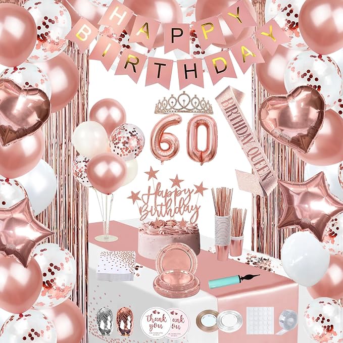 255 Pcs Rose Gold 60th Birthday Decorations for Women – Party Decoration Supplies Kit with “Happy Birthday” Banner, Balloons, Crown, Sash, Cake Topper, Tableware & Fringe Curtain for 25 Guests
