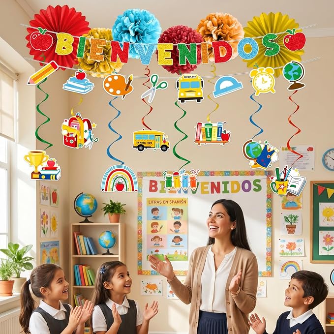 Welcome Back to School Decorations - 16PCS Spanish Bienvenidos Party Banners Hanging Swirls Paper Fans Pompoms Decor, First Day of School Classroom Party Home Decor Supplies