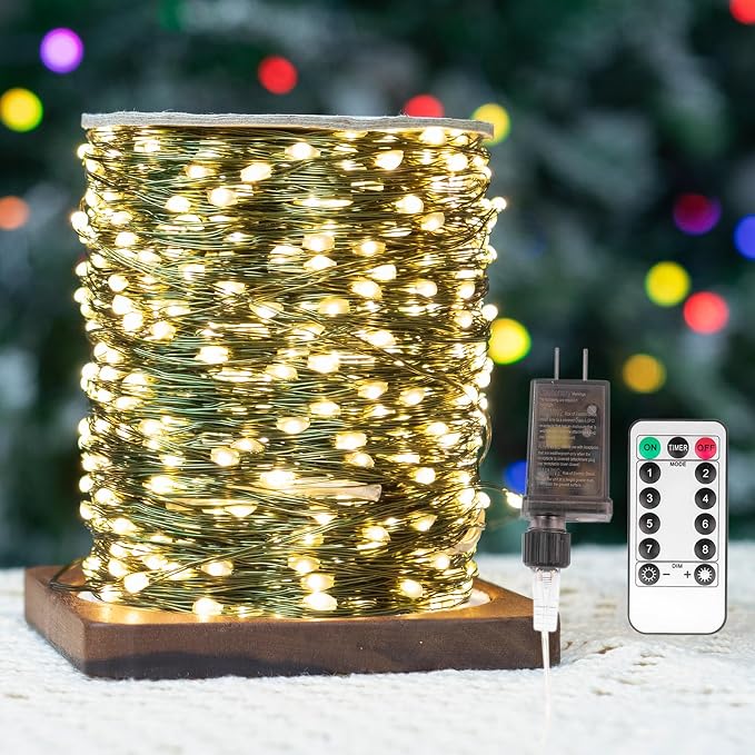 Fairy Lights Plug in,100FT 300LEDs Waterproof Led String Lights,8 Modes Remote Twinkle Light for Outdoor Indoor Christmas Wedding Birthday Garden Party Decorations,Green Wire,Warm White