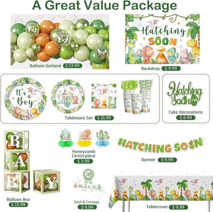 cocomigo 280PCS Dinosaur Baby Shower Decorations, 25 Dinosaur Theme Tableware, Includes It's A Boy Plates and Napkins, Backdrop, Balloon Kit for Hatching Soon Baby Shower Decorations