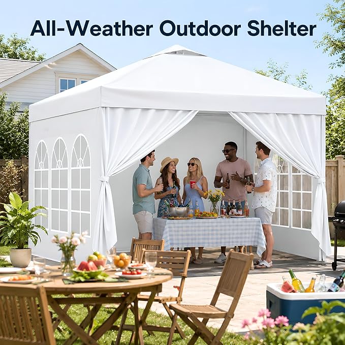 10x10 Pop Up Canopy with Sidewalls- Portable Sun Shade Beach Tent, Gazebo Heavy Duty with Cover Wheeled Bag, Ideal for Parties, Backyard, Camping (White)