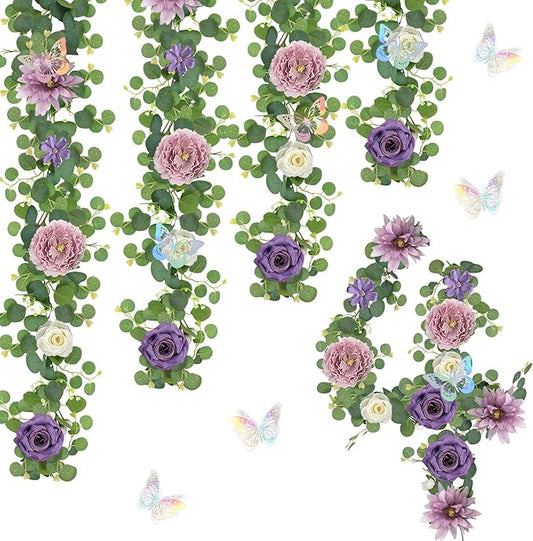 4 Pack 5.9 FT Artificial Flower Garland with Butterflies Fake Rose Garland Faux Greenery Eucalyptus Garlands for Wedding Table Backdrop Arch Centerpieces Decorations - Light Purple & Purple