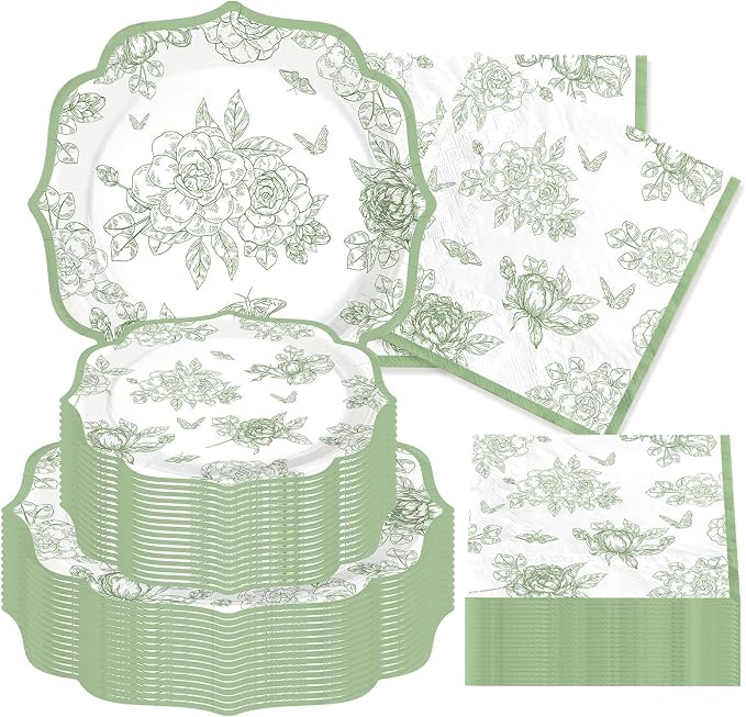 200Pcs Sage Green Party Decoration Green White Scalloped Plates and Napkins Vintage Floral Chinoiserie Disposable Tableware Set for Wedding Baby Shower Birthday Party Supplies Serves 50