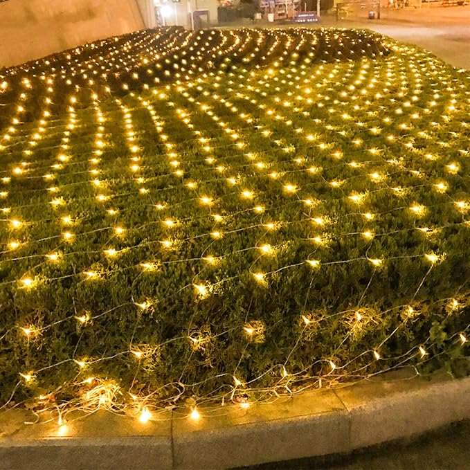 WATERGLIDE Outdoor Christmas Net Lights, 12FT x 5FT 360 LED Fairy String Light with 8 Lighting Modes, Connectable Light for Garden Tree Bushes, Holiday Wedding Party Decorations, Warm White