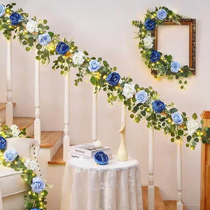 Livole 6 FT Artificial Flower Garland with Light Real Touch Fake Blue Floral Rose Peony Garland with Eucalyptus Flower Hanging Vine for Wedding Table Centerpieces Backdrop Party Arch Home Decor