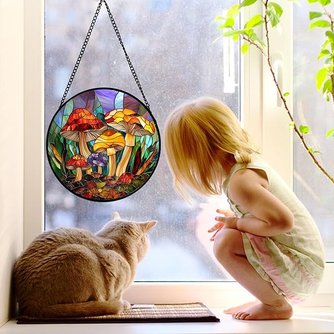 DASTOLL Stained Glass Window Hanging, Jungle Mushrooms Sun Catchers Diamond Glass Panel Hangings Plant Suncatcher Decor for Birthday for Women,Men, Wife, Aunt,and Mom 6.3X6.3 in