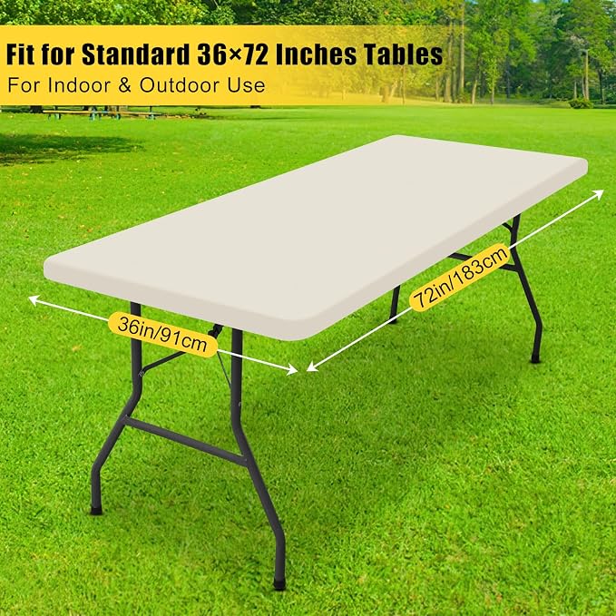 Smiry 3 Pack Rectangle Table Cloth, Elastic Fitted Flannel Backed Vinyl Tablecloths for 6ft Folding Tables, Waterproof Wipeable Table Covers for Indoor, Outdoor, Camping and Picnic (Beige, 36"x72")