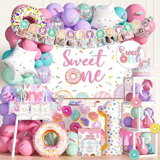 Sweet One Birthday Decoration for Girl - 134 PCs Donut Themed 1st Birthday Party Supplies with Backdrop, Balloon Boxes, Banner, Donut Foil Balloons, Highchair Banner for Girls First Party