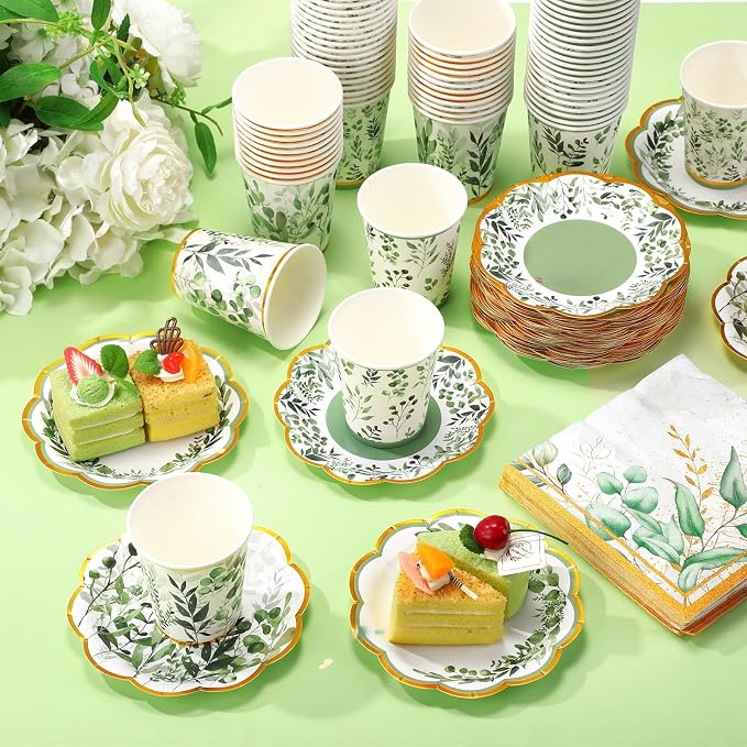 Yungyan 108 Pcs 36 Guests Sage Green Plates and Napkins Sets Eucalyptus Party Supplies 6" Disposable Paper Plates, 9 oz Tea Cups for Baby Shower Birthday Wedding Bridal Shower Party