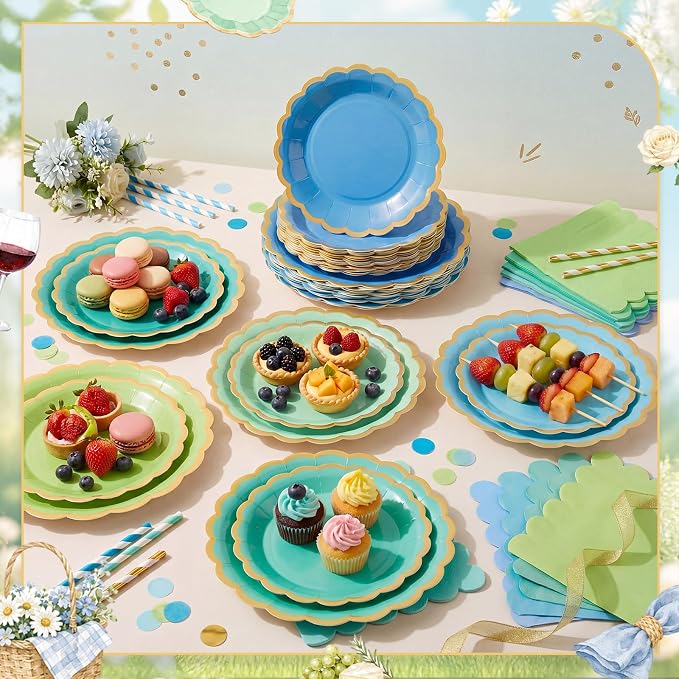 Zhehao 150 Pcs Blue and Green Plates and Napkins Tableware Serves 50 Includes 9 Inch 7 Inch Teal Scalloped Paper Plate and Napkins for Summer Ocean Sea Wedding Birthday Baby Shower Party