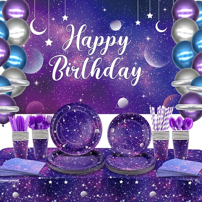 Galaxy Party Supplies,Includes Space Galaxy Birthday Backdrop, Plates, Napkins, Cups ,Tablecloth, Balloons,Foil Balloons, for 20 Guests Galaxy Outer Space Theme Birthday Party Decoration