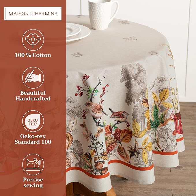 Maison d' Hermine Table Cloth Round Table 100% Cotton 69 Inches Fall Tablecloth Reusable Everyday Use for Thanksgiving Christmas Decorations Dining Farmhouse Party (Recolte)