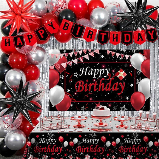 Red Black Birthday Decorations for Men Women Boys Girls, Red and Black Birthday Party Decorations with Happy Birthday Backdrop Banner Tablecloth Foil Curtain Star Balloon Arch, Red Party Supplies