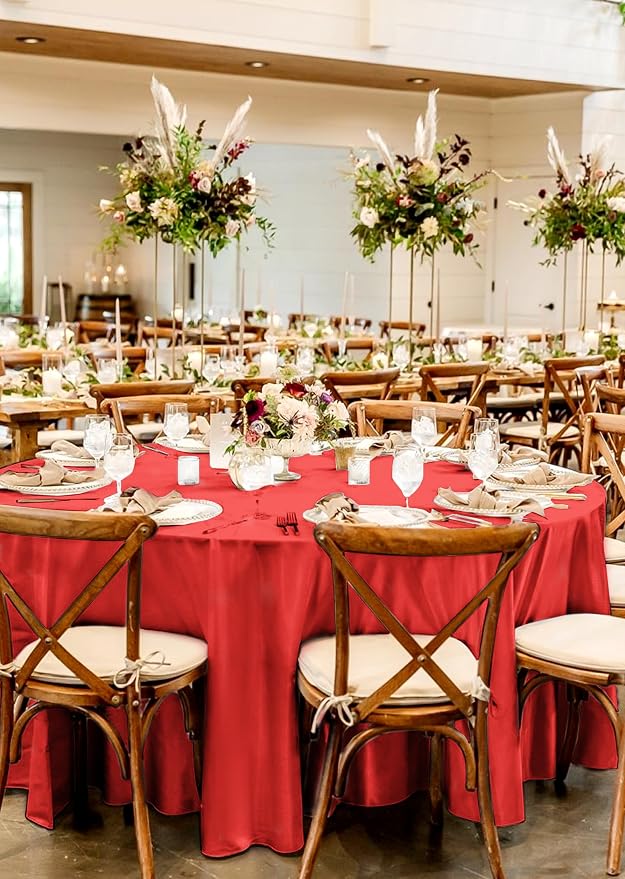 12 Pack 108 Inch Round Tablecloth, Red Satin Fabric Table Cloth for Round Tables, Wrinkle Resistant Washable TableCover Bright Silk Table Clothes for Wedding Party Dining Tables Banquet