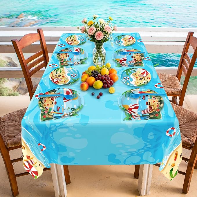 QZYL 122PCS Summer Plates and Napkins, Disposable 9" and 7" Beach Paper Plates Summer Party Decorations, Seaside Plates, Napkins, Forks, Tablecloths Serves 30, Birthday Picnic Beach Party Decorations