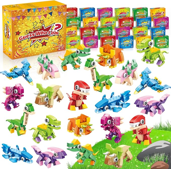 Dinosaur Party Favors for Kids - 24 Pack 72 Kinds of Animals Building Block Toy Goodie Bags Fillers Classroom Prizes Stuffers Gifts Building Set, Christmas Birthday Gift for Boys Girls Ages 6-12
