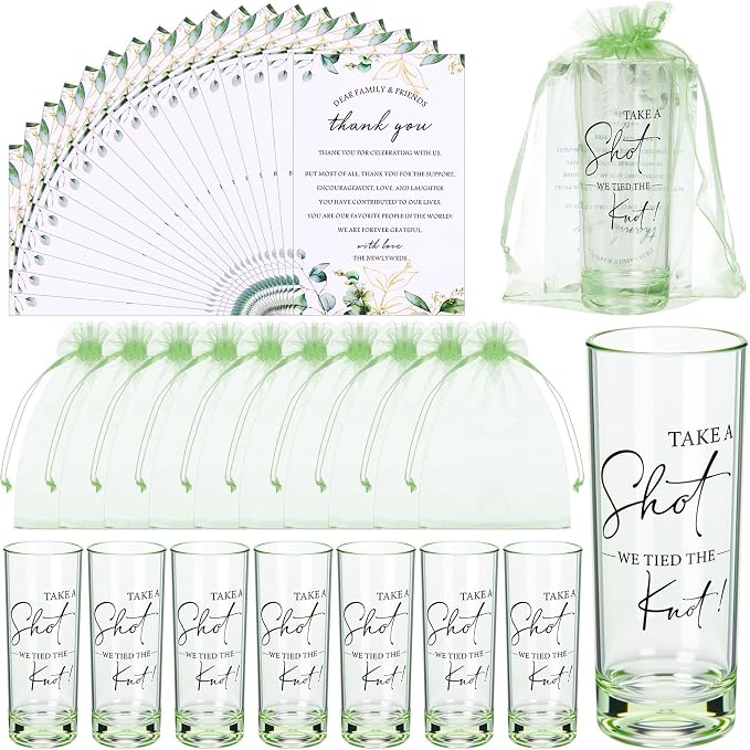 Sliner 100 Set Wedding Favors for Guests Bulk 2oz Acrylic Take a Shot We Tied the Knot Shot Glasses with Thank You Cards Organza Bags for Guest Souvenir Wedding Bridal Shower Gifts (Sage Green,Black)