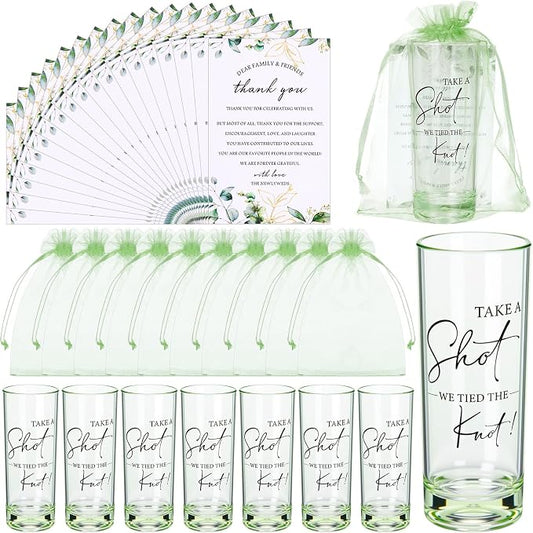 Sliner 100 Set Wedding Favors for Guests Bulk 2oz Acrylic Take a Shot We Tied the Knot Shot Glasses with Thank You Cards Organza Bags for Guest Souvenir Wedding Bridal Shower Gifts (Sage Green,Black)