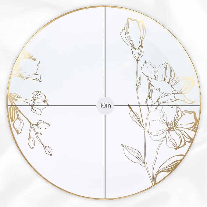 [10'' Plates 40 Count] White Plastic Floral Design Party Dinner Plates With Gold Rim Premium heavyweight Elegant Disposable Tableware Dishes