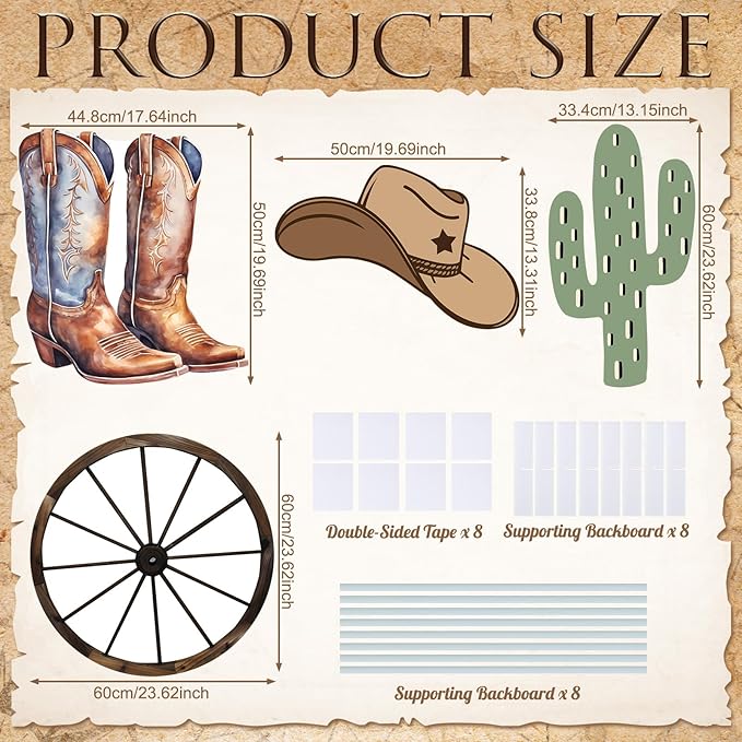 4 Pcs Western Party Decorations, Large Cowboy Birthday Party Decorations, 24 Inch Plastic Cardboard Cutouts Props, Wild West Themed Standups with Boots Wagon Wheel Cactus Hat for Photo Booth