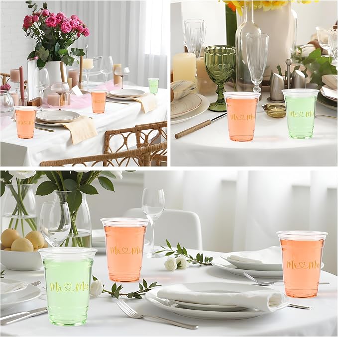 AimFun 100Pcs Mr and Mrs Plastic Cups Wedding Bridal Shower Disposable Party Cups Wedding Reception 12oz Clear Drinking Cup for Anniversary Birthday Party Supplies Decorations (100, Gold)