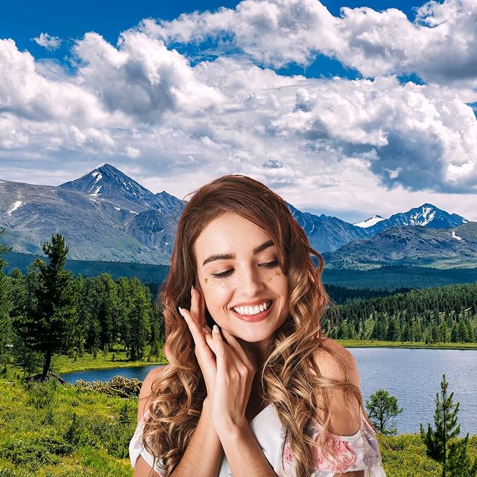 Mountain Lake Backdrop Pine Trees Forest Natural Landscape Photography Background Tranquil Lake Fantastic Mountains Blue Sky with Clouds Background Mountains Turquoise Water Backdrop Props 9x6ft