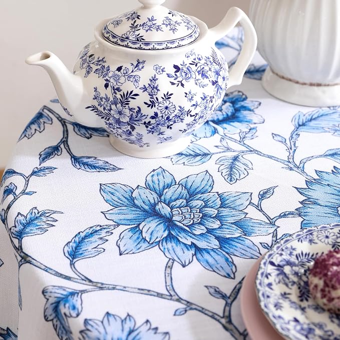 ISAENNE Designer French Linen Round Tablecloth,Diameter 67"-BlueWilow | Chinoiserie Vintage Elegant Table Cloth,Blue Floral Pattern,Beautiful,Dining Room,Kitchen,Tea Party,Thanksgiving,Decor
