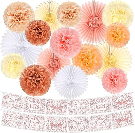 18 Pcs Cielito Lindo Party Decoration Cielito Lindo Decorations Hanging Paper Fans Pom Poms and Paper Banner for Bridal Shower, Fiesta, Engagement, Mexican Baby Shower (Pink)