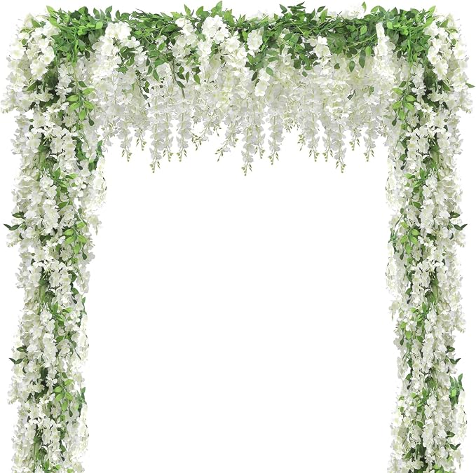 Findosom Wisteria Artificial Flowers Garland, 15Pcs Total 108FT White Wisteria Hanging Flowers, Flower Garland Decorations for Home Garden Outdoor Ceremony Wedding Arch Decoration